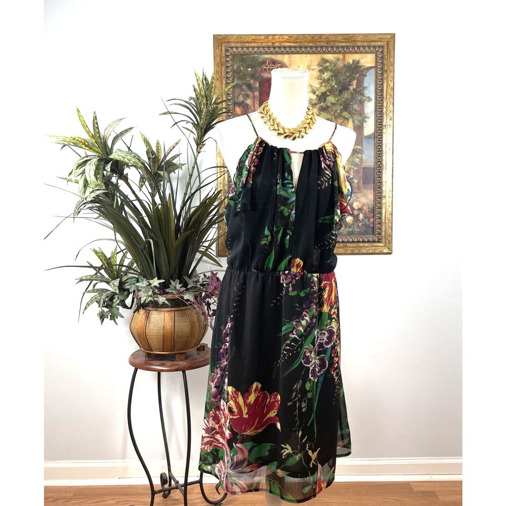 Old Navy XL Floral Chiffon Dress Black Sleeveless Keyhole Lined Midi Boho
